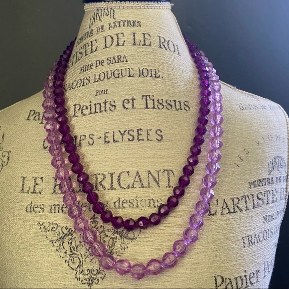 Purple and lavender double strand beaded plastic statement necklace - Picture 3 of 6
